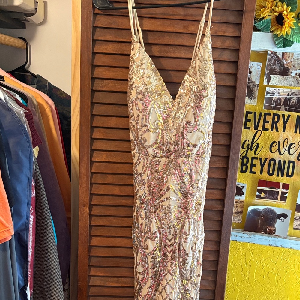 Windsor Gold Sequin Beaded Prom Dress